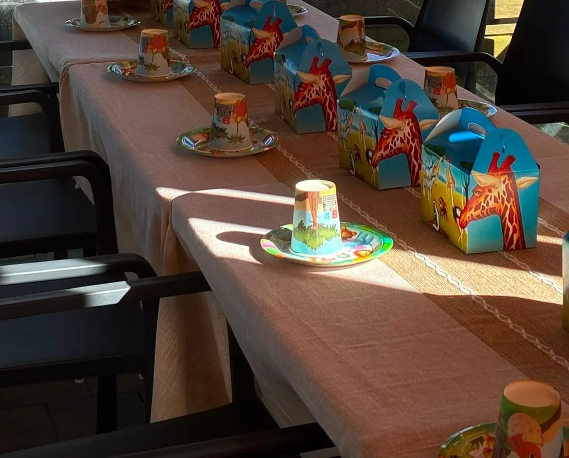 A long table laid for a children’s birthday, with party favour boxes
