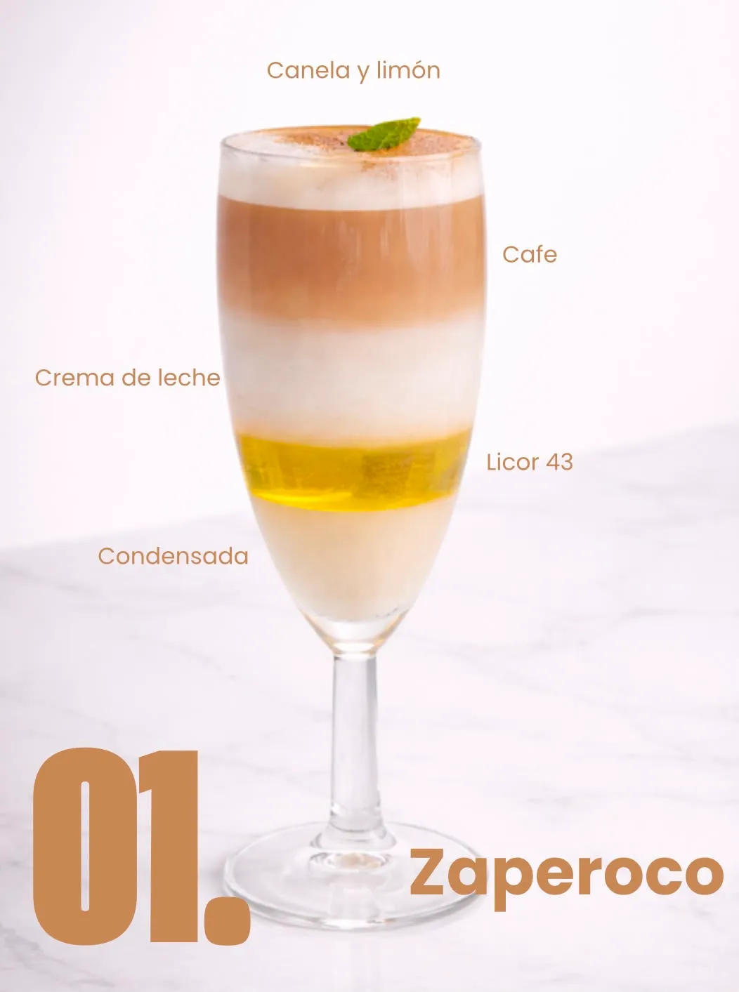 Zaperoco clásico con sus capas rotuladas: condensada, Licor 43, crema de leche, café, canela y limón