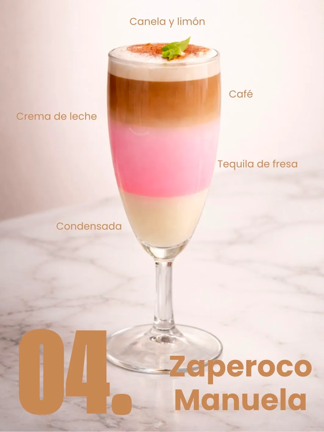 Zaperoco Manuela con sus capas rotuladas: condensada, tequila de fresa, crema de leche, café, canela y limón
